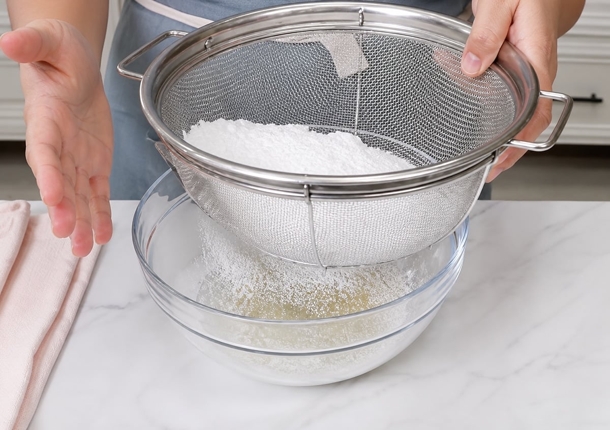 Woman sifting macaron dry ingredients into a clear glass bowl.