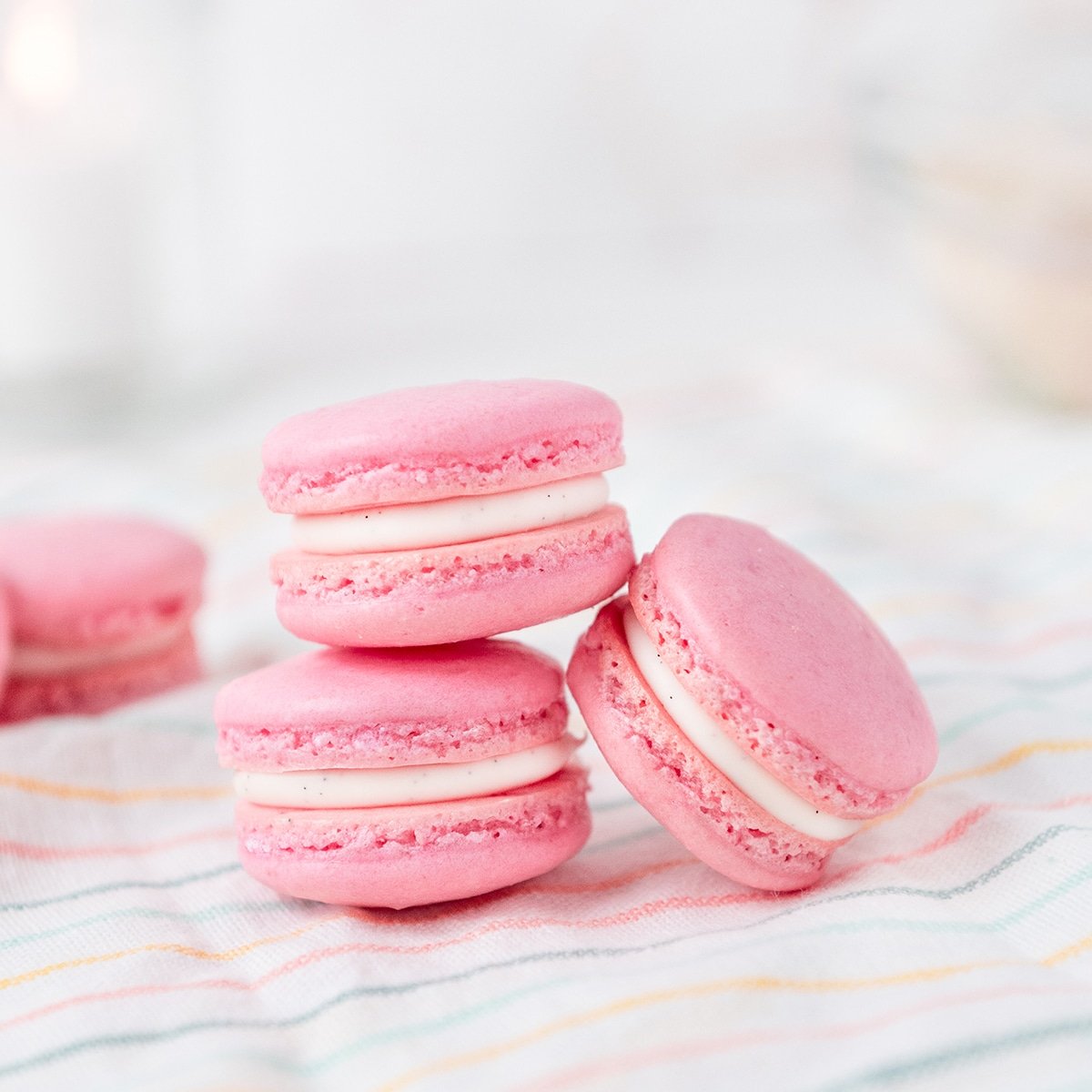 close up of pink macarons