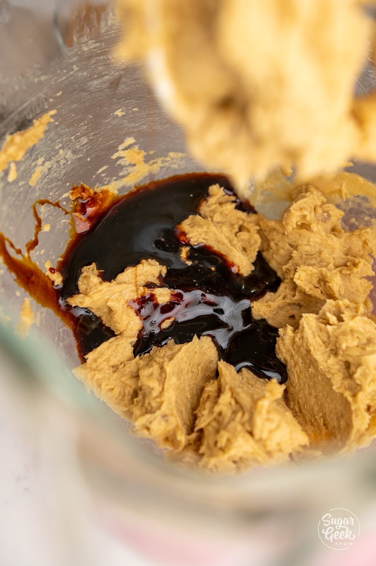 molasses and creamed butter and sugar in a stand mixer bowl