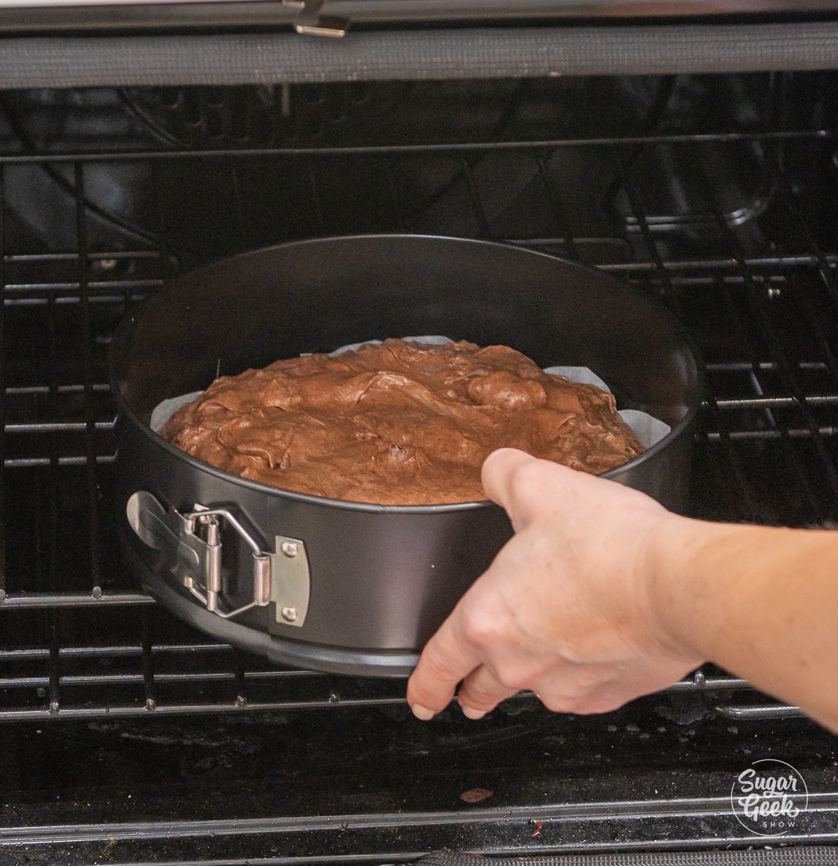 hand placing a springform pan of chocolate cake batter in the oven