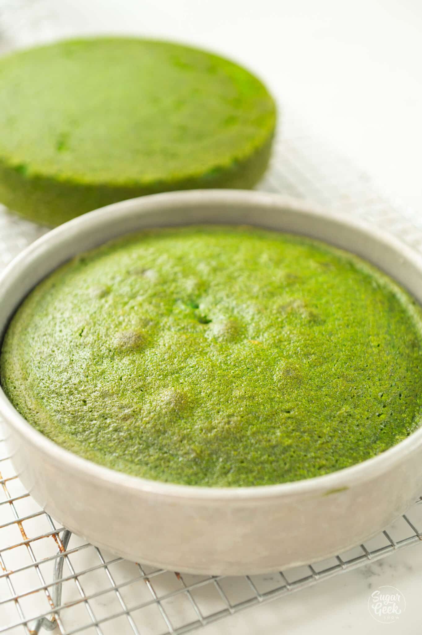 baked green velvet cakes in pans