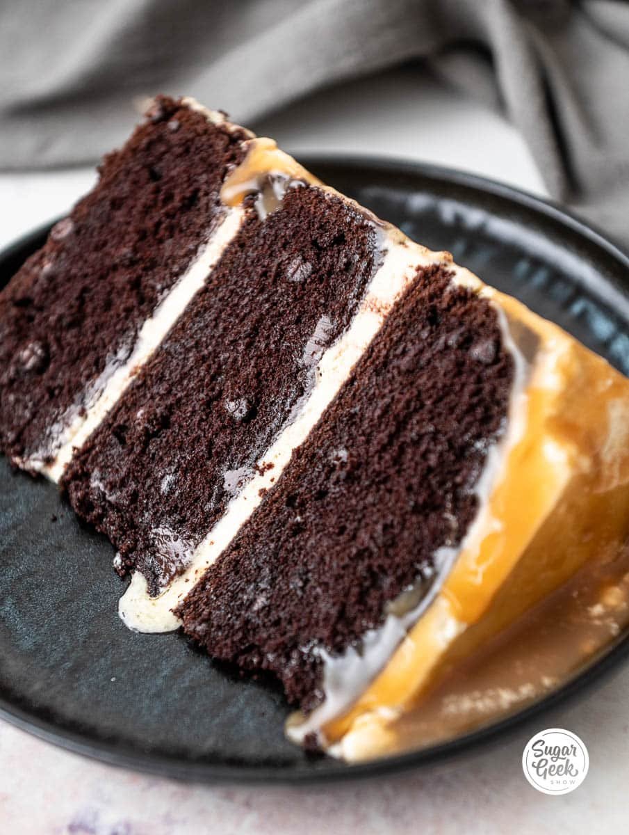 slice of chocolate Irish cream cake on a dark plate