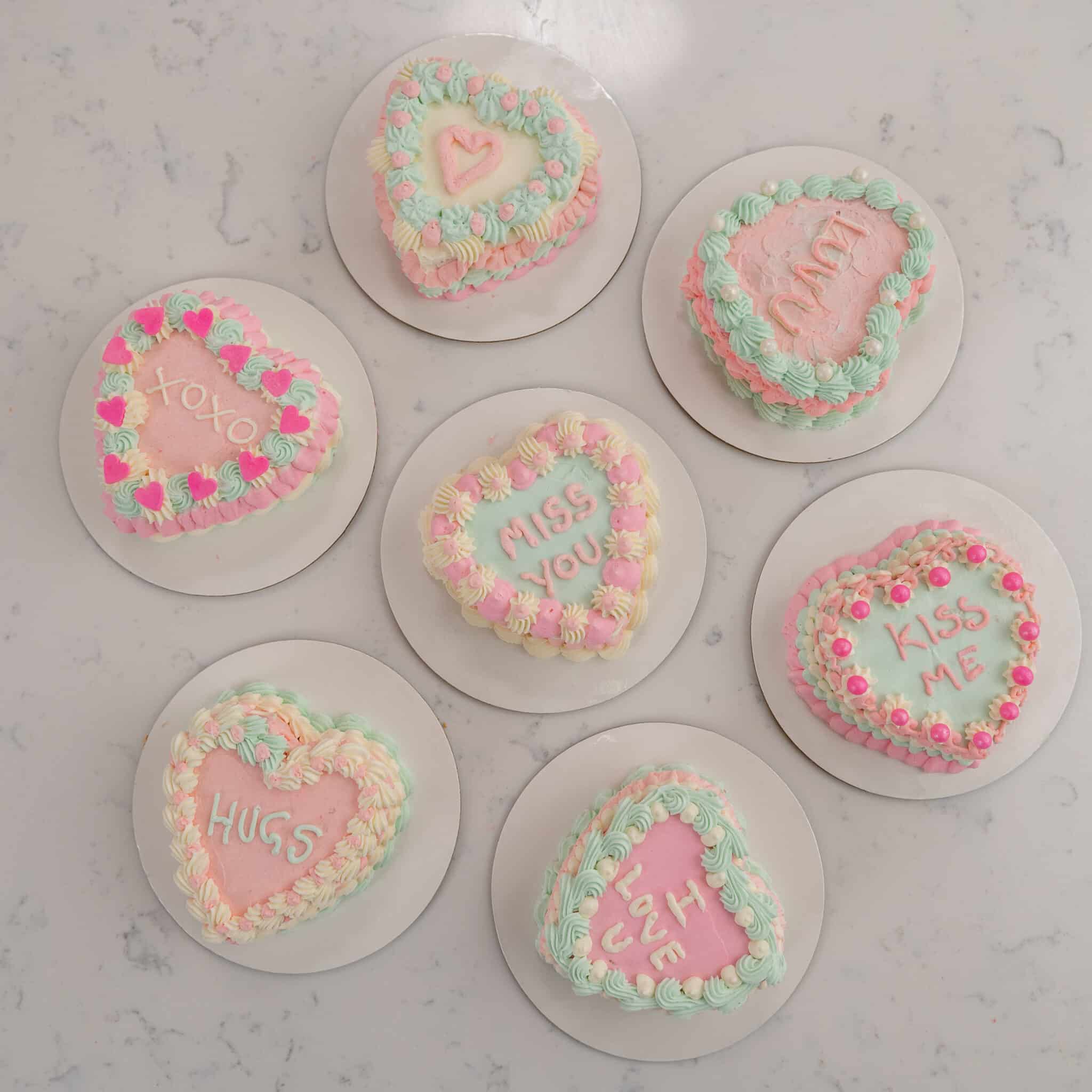 heart shaped lunchbox cakes on cake boards