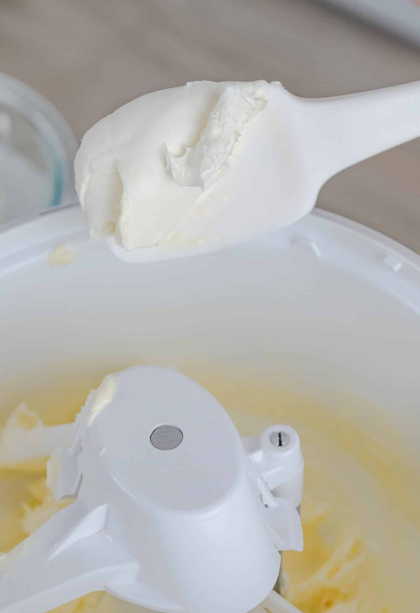 creamed butter and cream cheese in a stand mixer bowl