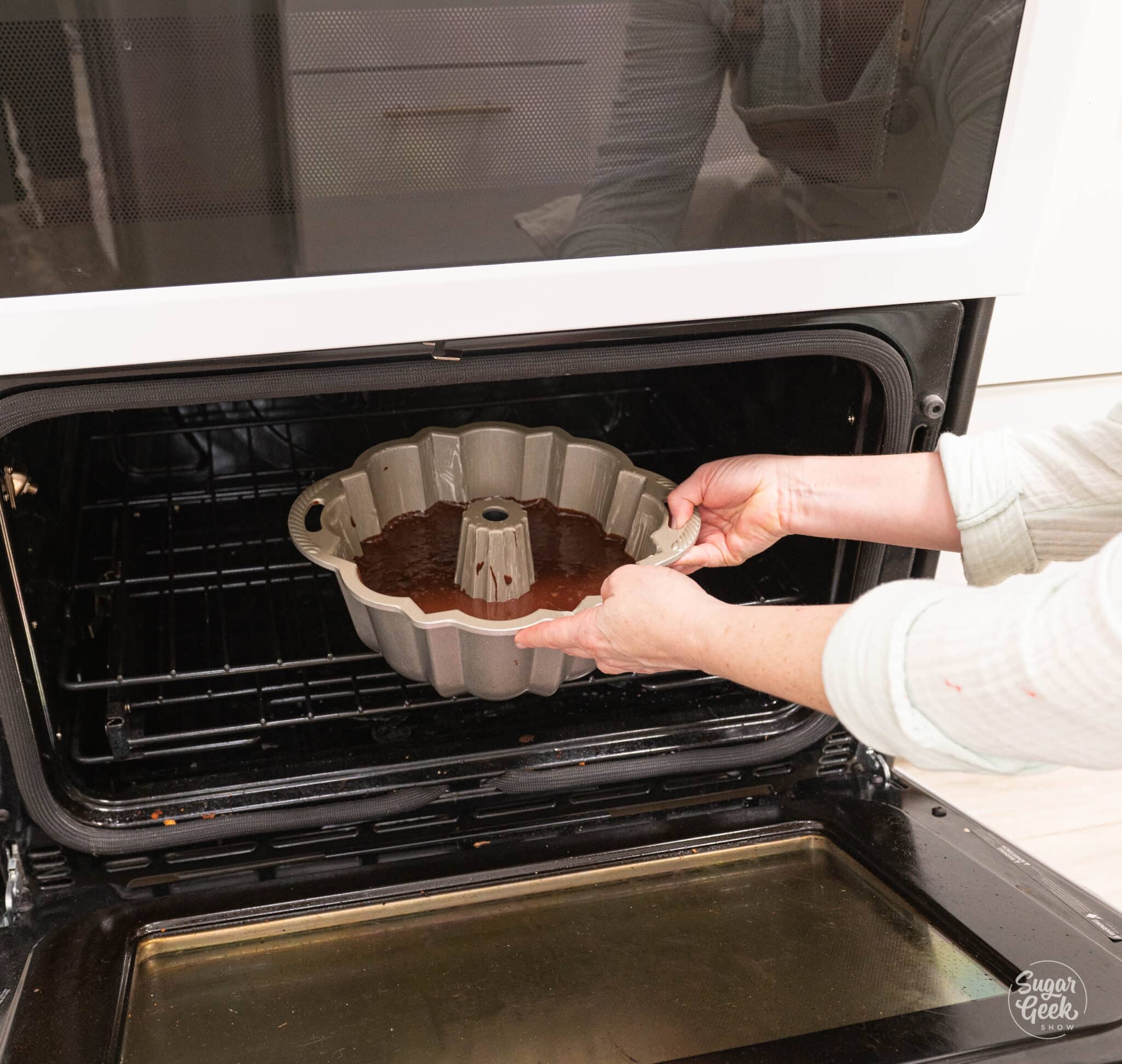hands placing a bundt pan with chocolate batter into an oven