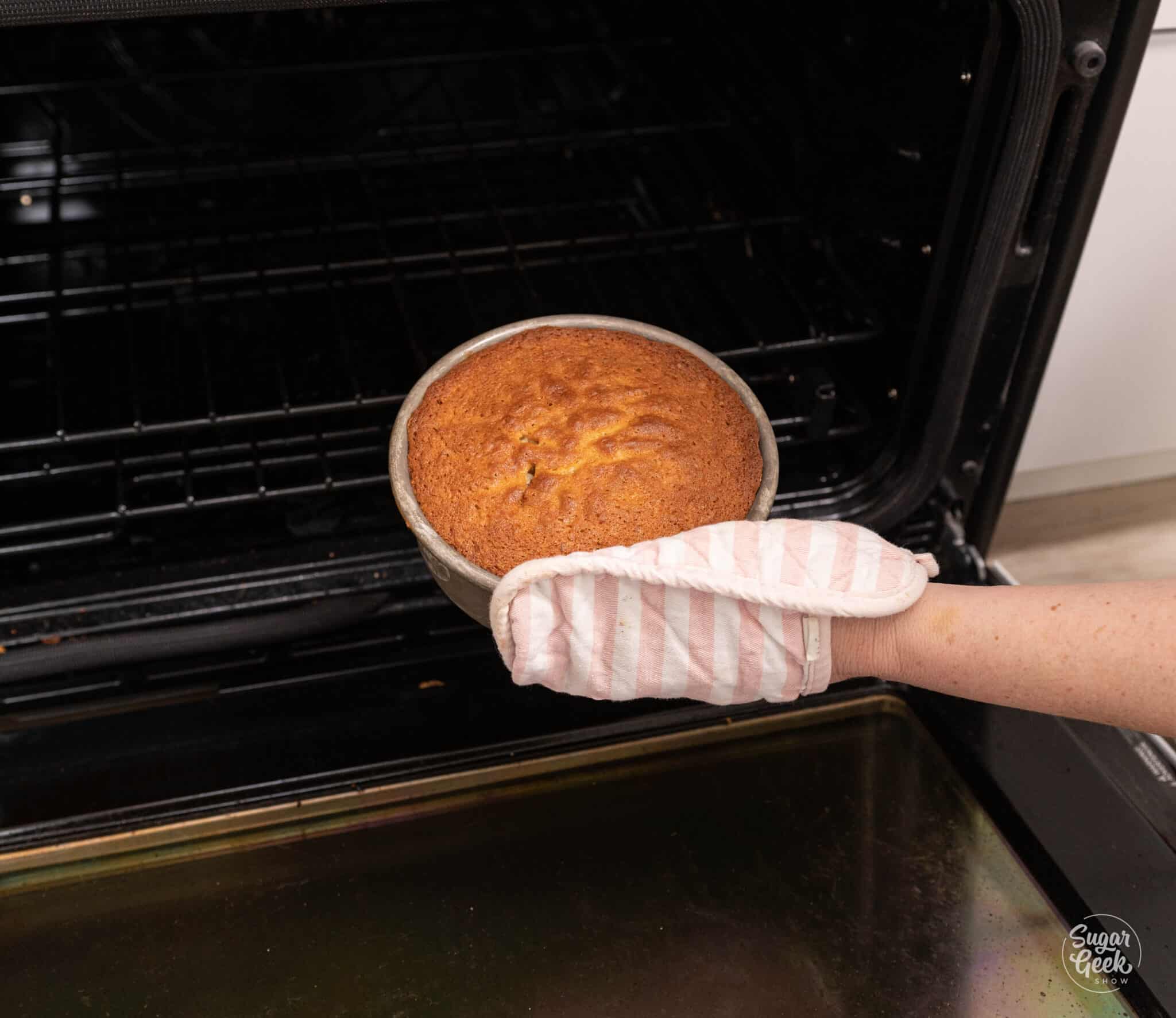 hand with an oven mitt taking a cake out of the oven