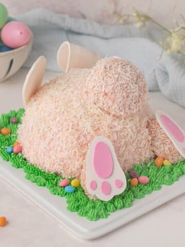 bunny butt cake on a cake board