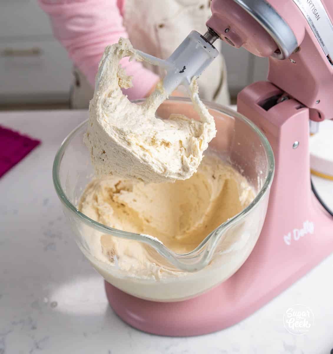 fluffy batter in a stand mixer bowl