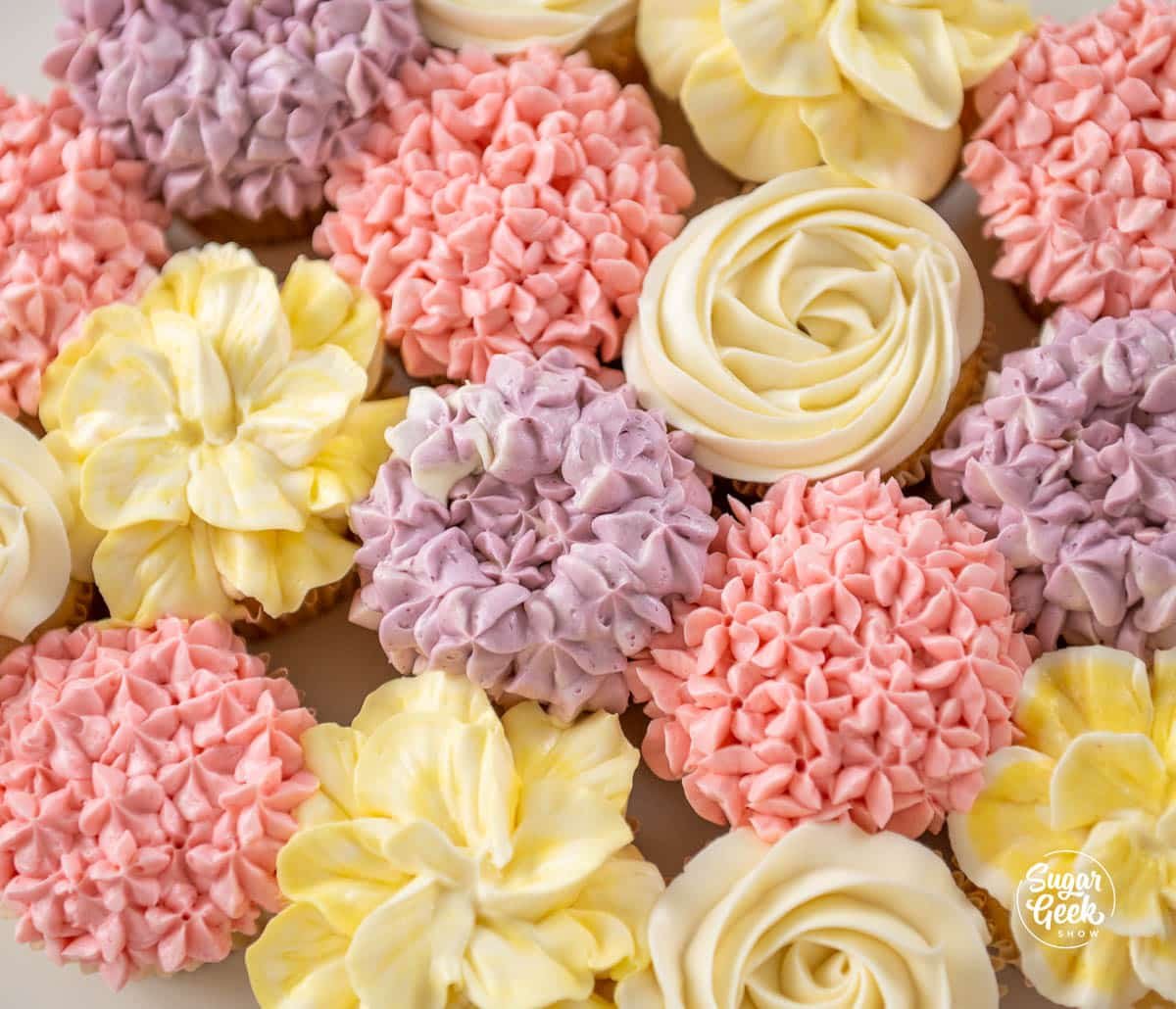 closeup of buttercream flower cupcakes