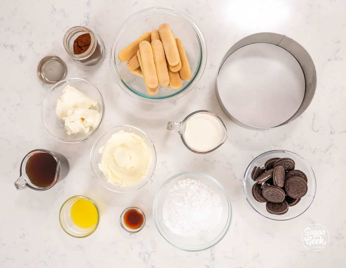 bowls of ingredients for tiramisu cheesecake