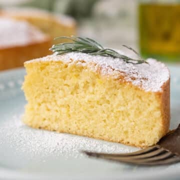 Finely textured slice of olive oil cake with a dusting of powdered sugar on top.