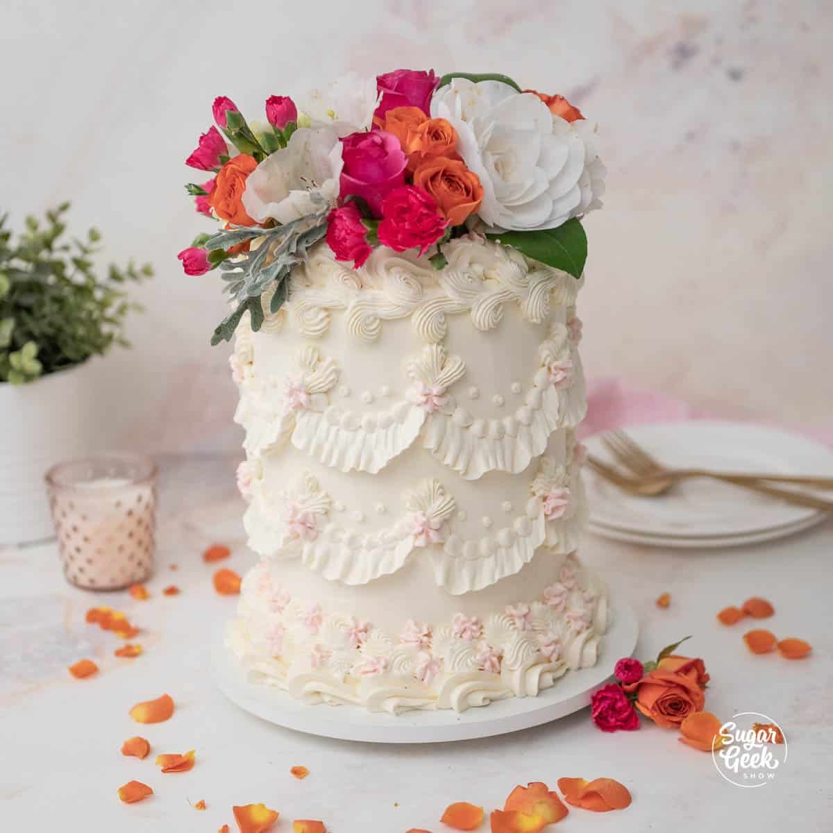 vintage cake with fresh flowers