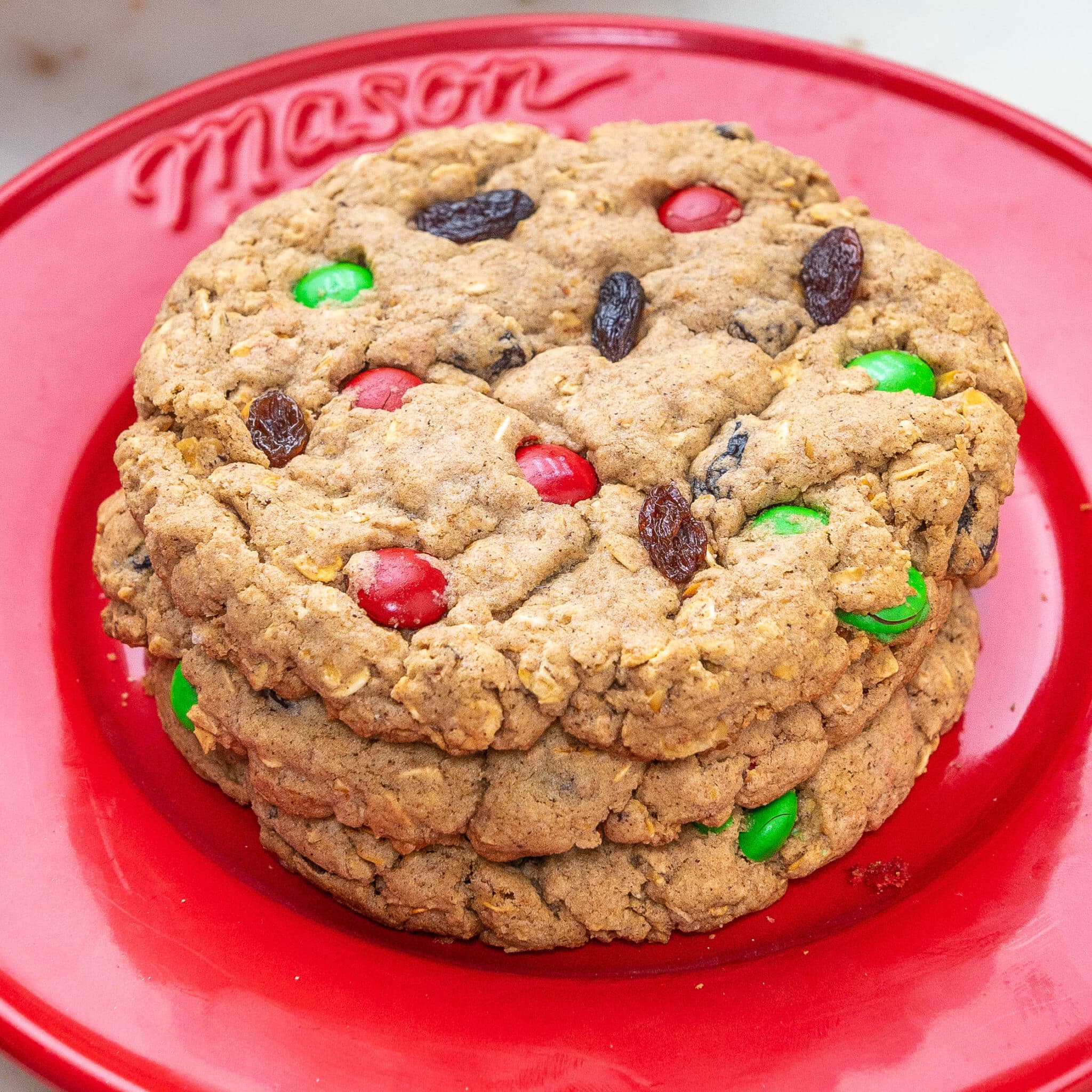 close up of oatmeal raisin m&m cookie