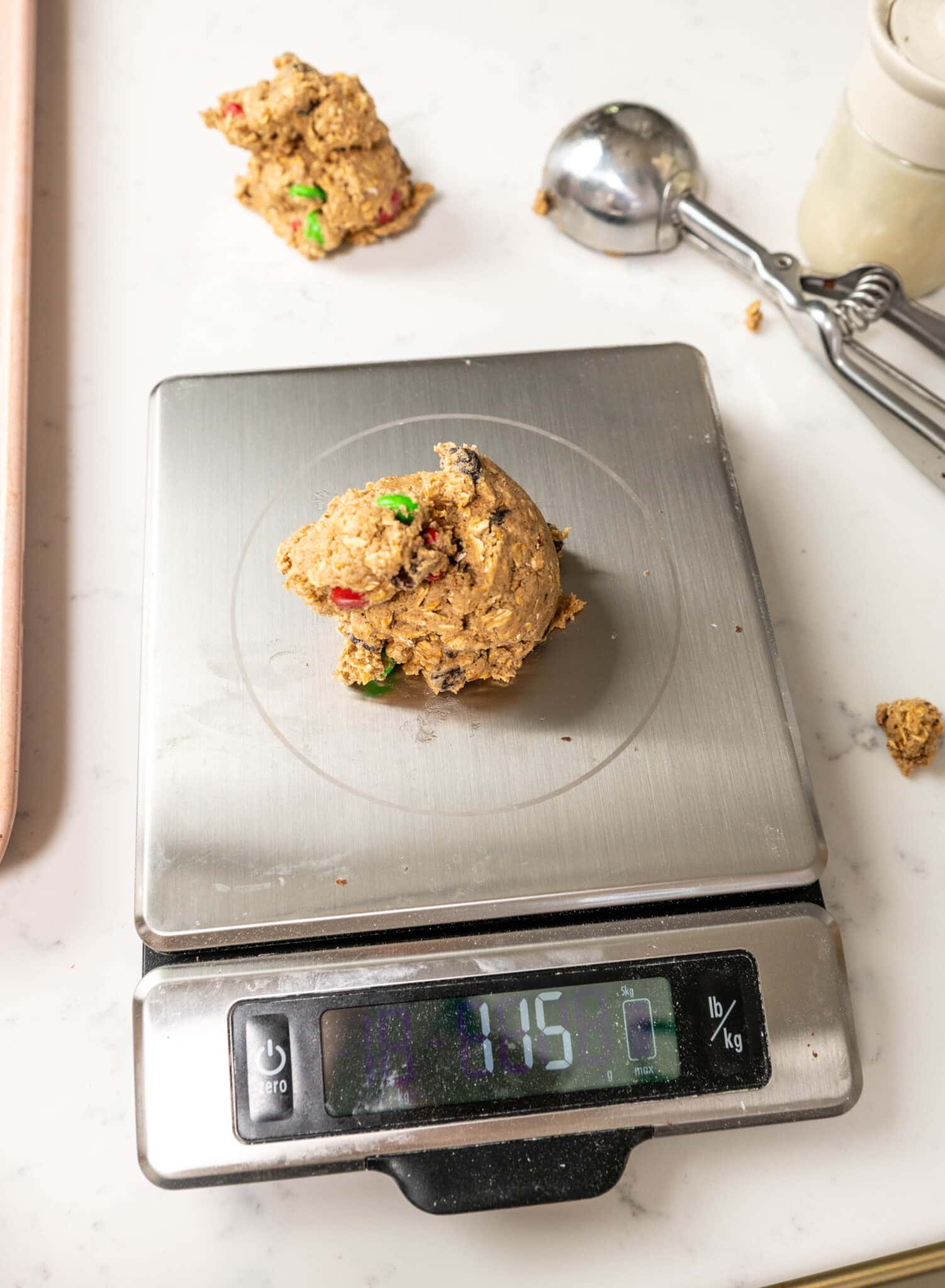 cookie dough on a kitchen scale