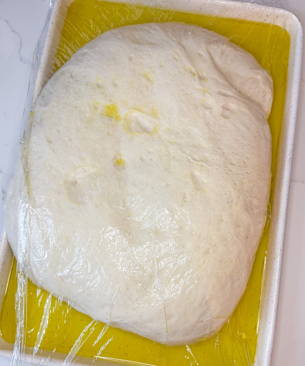 Sourdough focaccia on a sheet pan covered in plastic wrap.