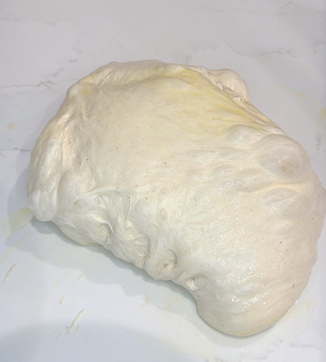 Close up of sourdough dough on a countertop.
