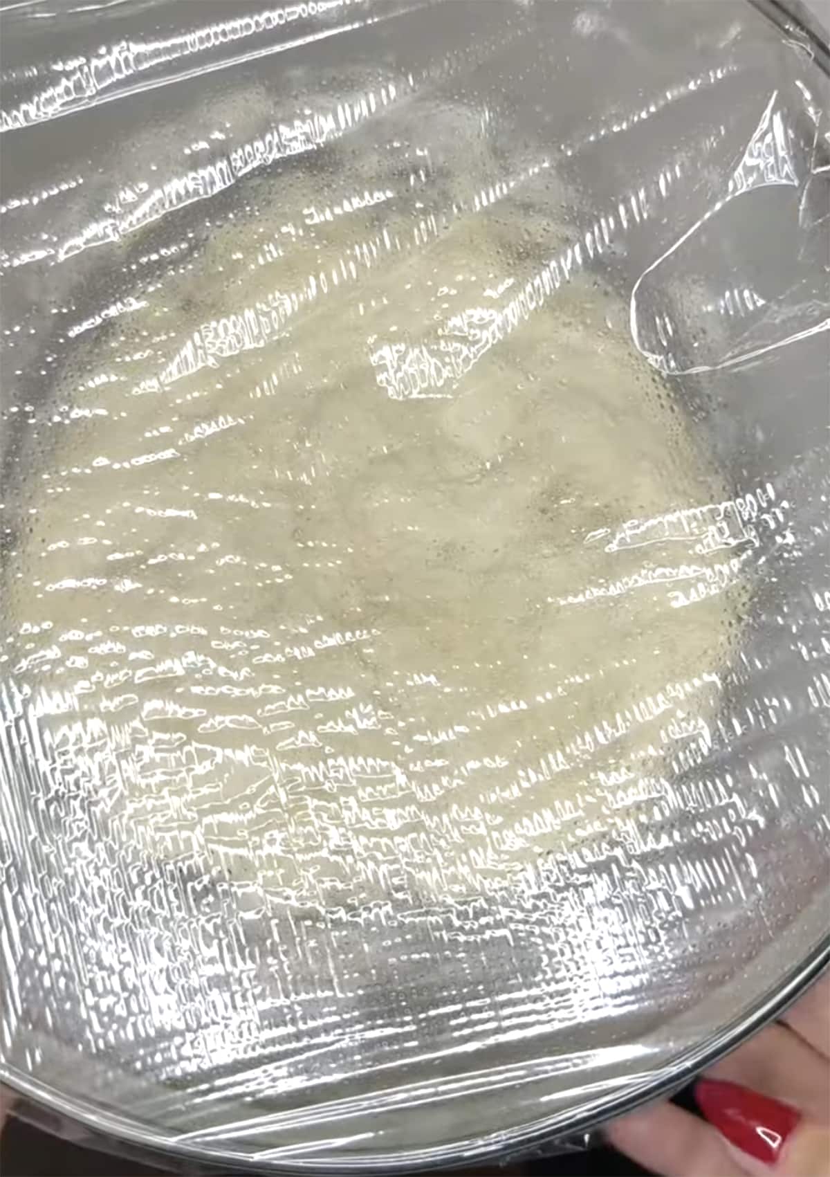 Sourdough dough in a clear glass bowl covered with plastic wrap.