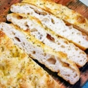 close up of sliced sourdough focaccia