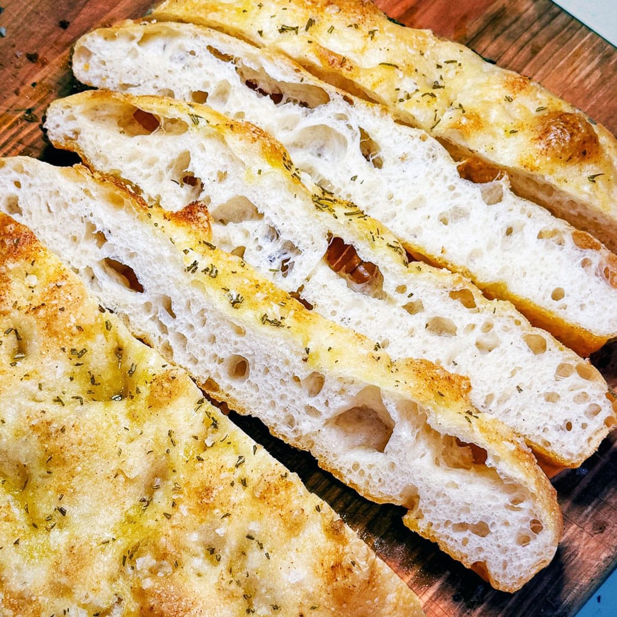 close up of sliced sourdough focaccia