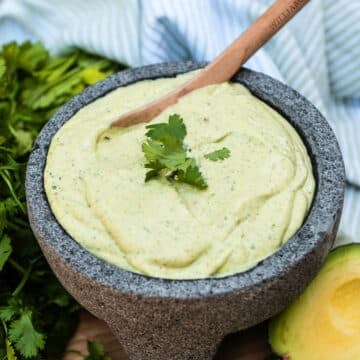 avocado crema in a grey bowl