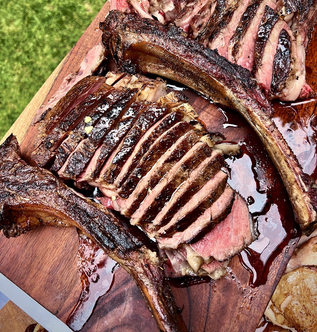 close up of carved tomahawk steak