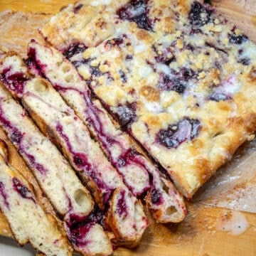 closeup of lemon blueberry sourdough focaccia