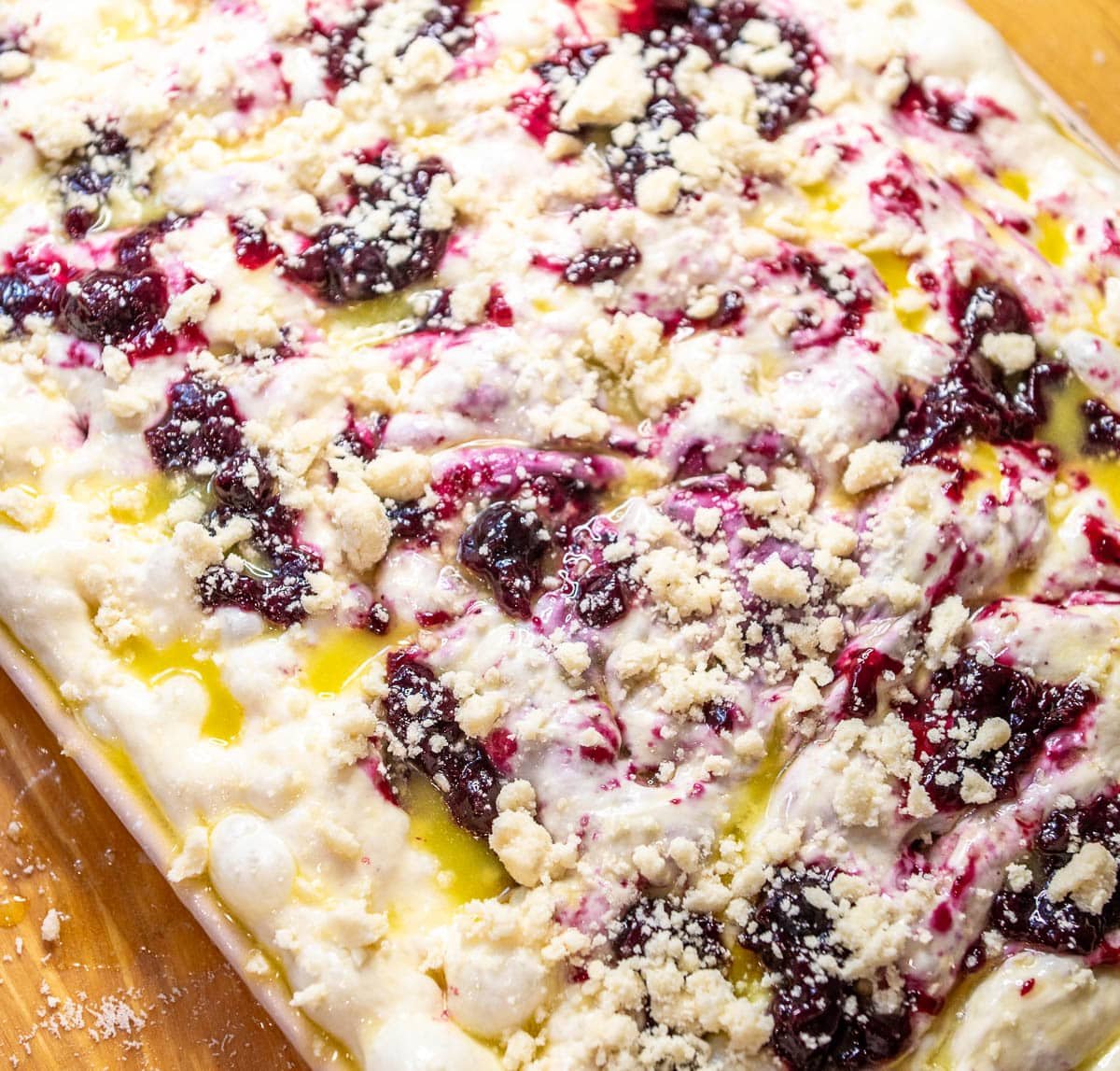 lemon blueberry sourdough focaccia unbaked