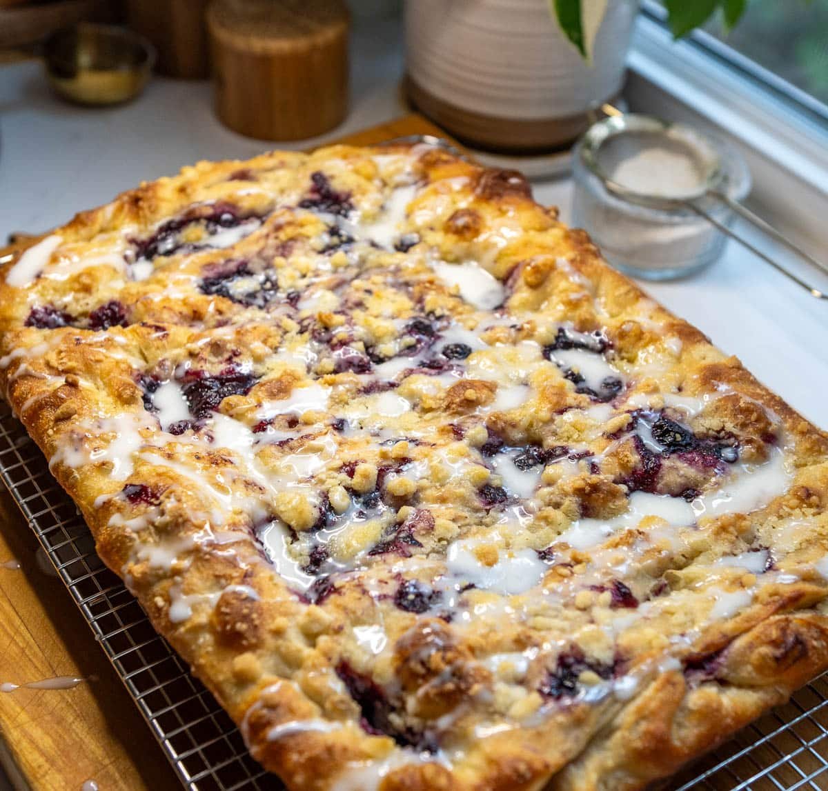 close up of finished lemon blueberry sourdough focaccia