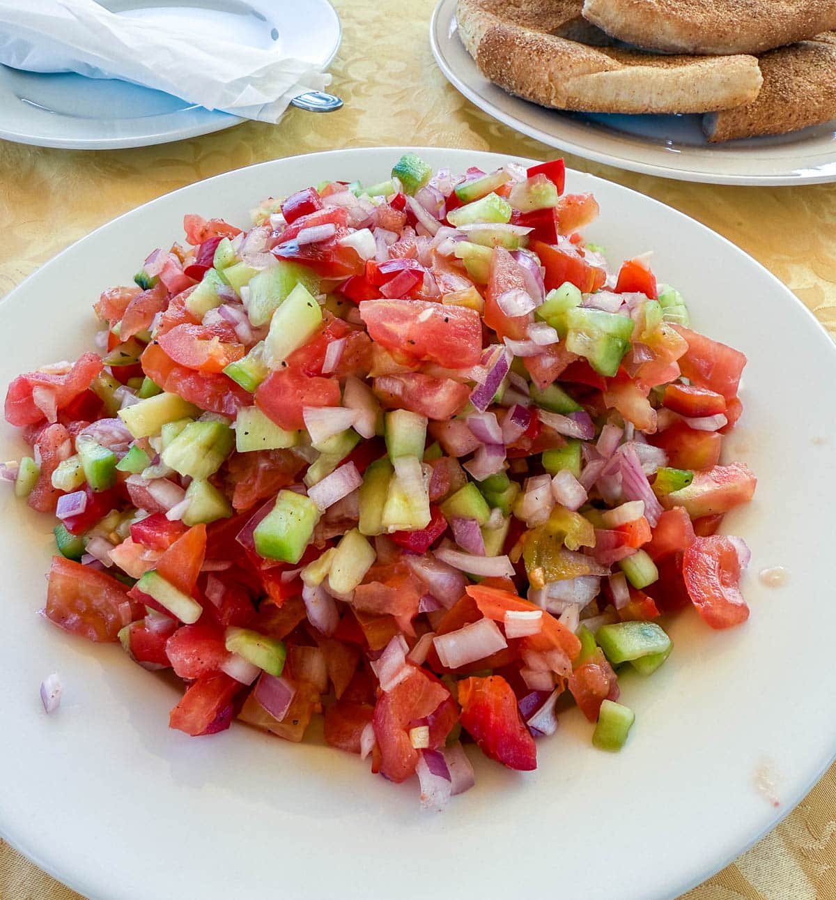 close up of moroccan cucumber tomato onion salad on a white plate