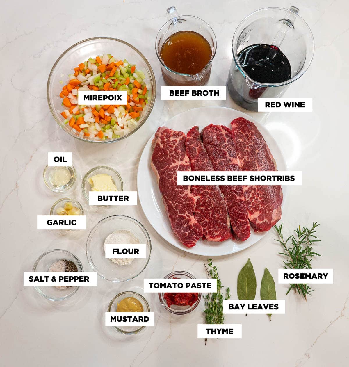 Ingredients needed for Braised Beef Short Ribs, featuring: Boneless beef short ribs, mirepoix, beef broth, red wine, oil, butter, garlic, flour, salt & pepper, mustard, tomato paste, thyme, bay leaves, and rosemary.