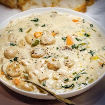 close up of a bowl of chicken gnocchi soup