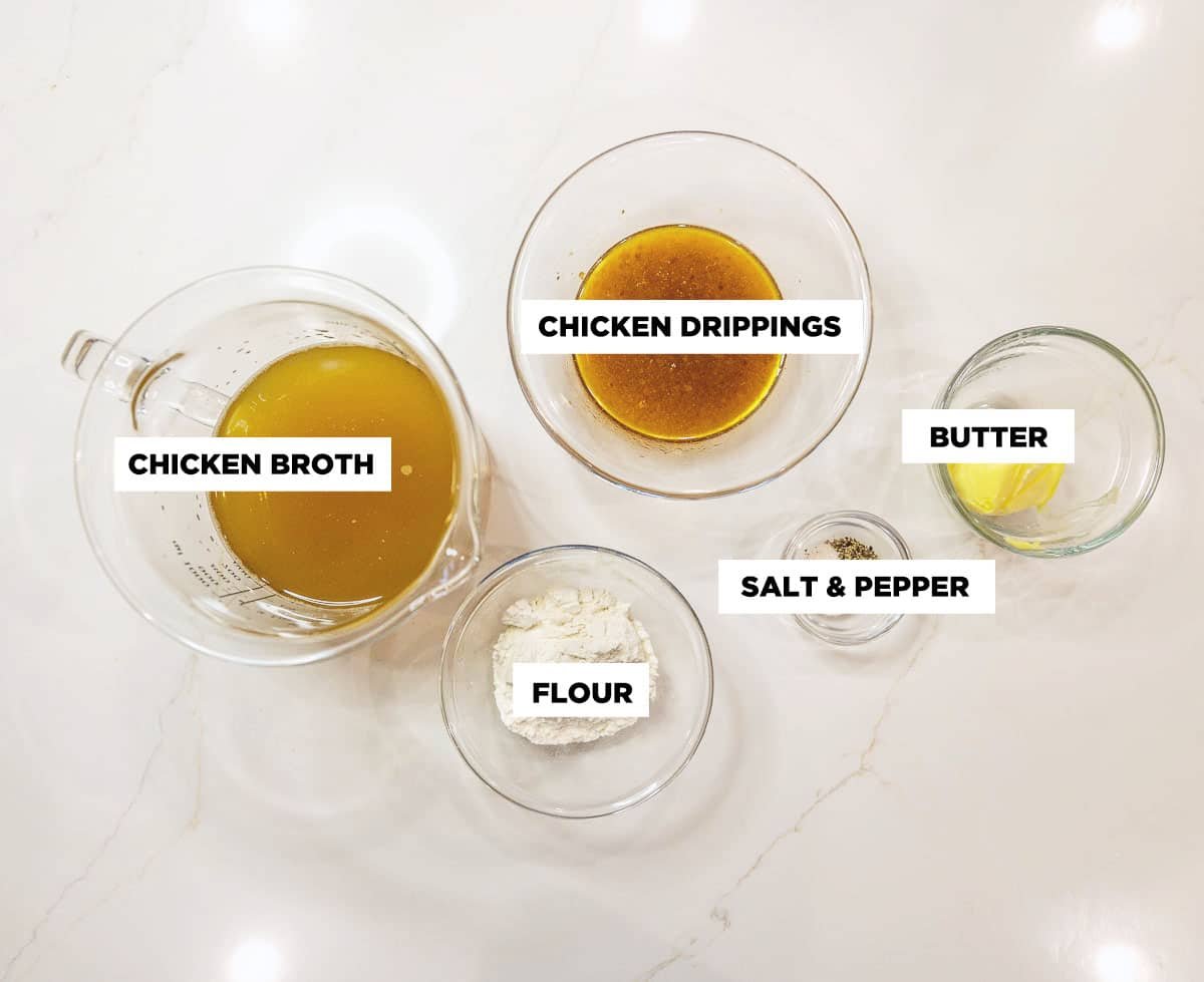 A photo of the ingredients required to make chicken gravy: chicken drippings, chicken broth, butter, salt and pepper, and flour.