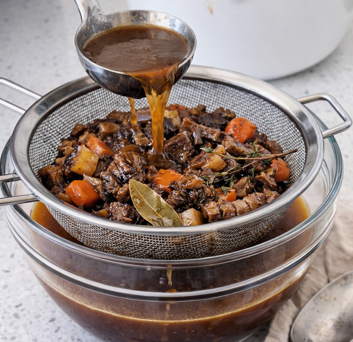 straining beef short ribs in a strainer over a bowl
