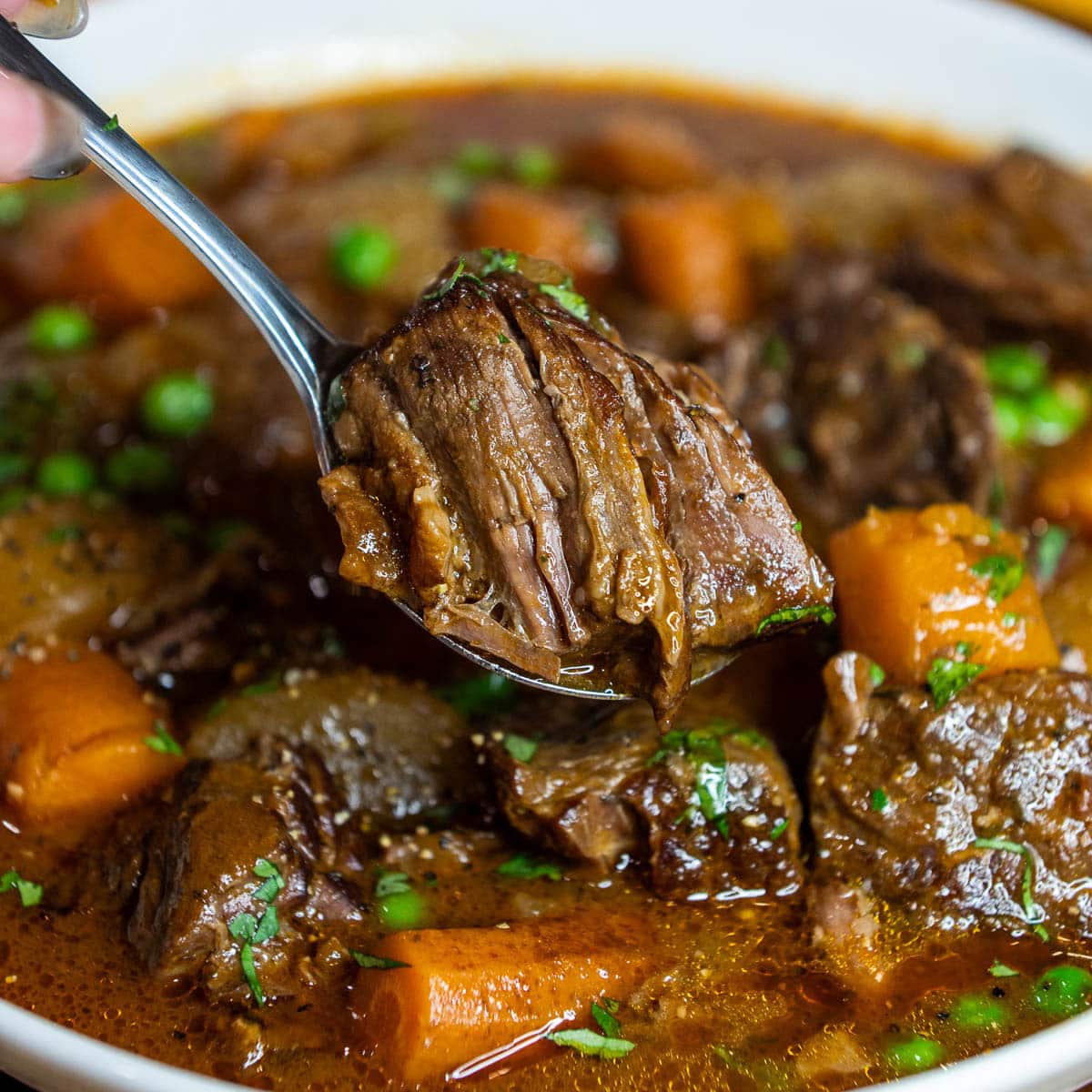 Close-up photo of Instant Pot Beef Stew in a bowl.