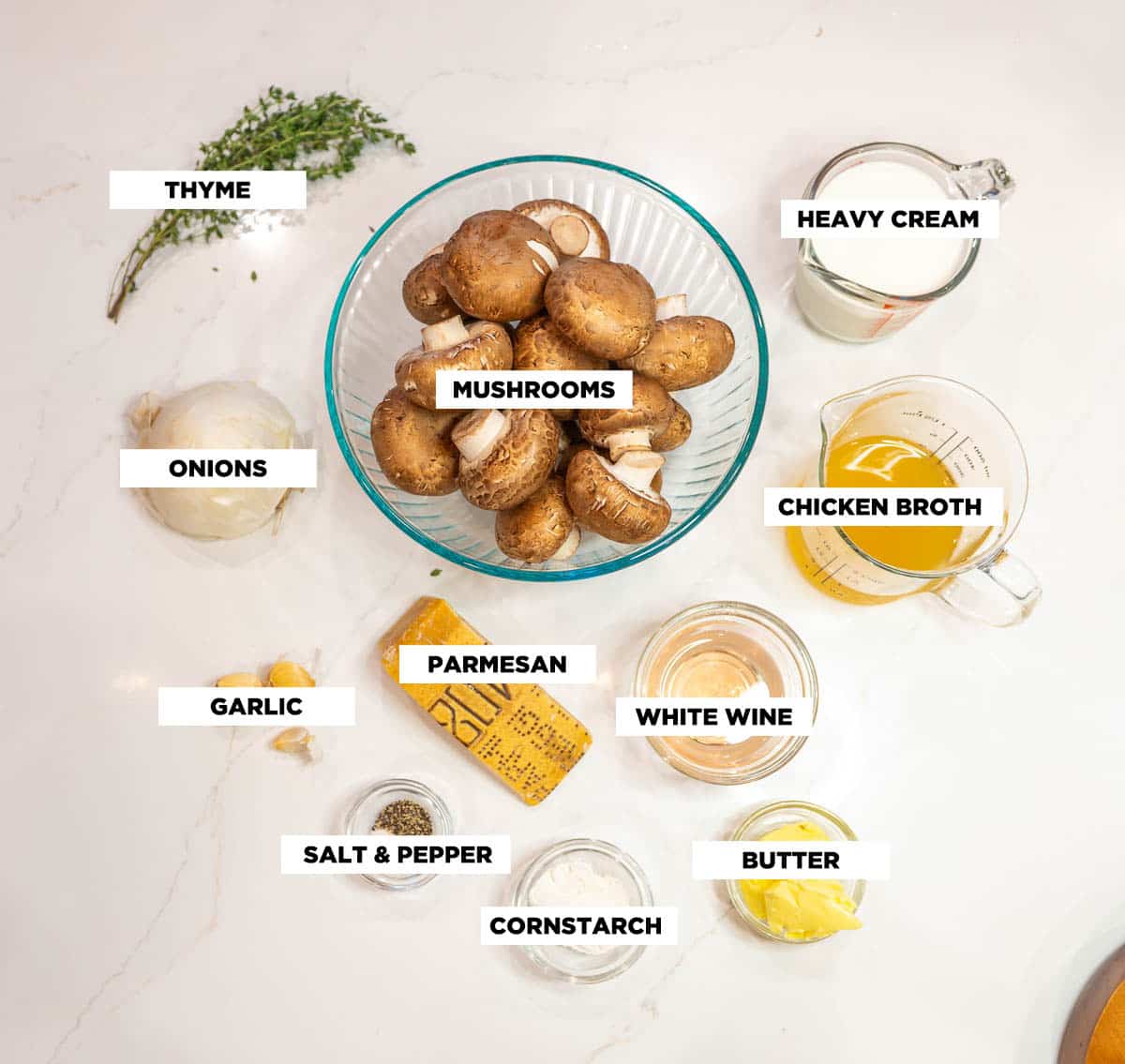 shot of mushroom cream sauce ingredients shot from above