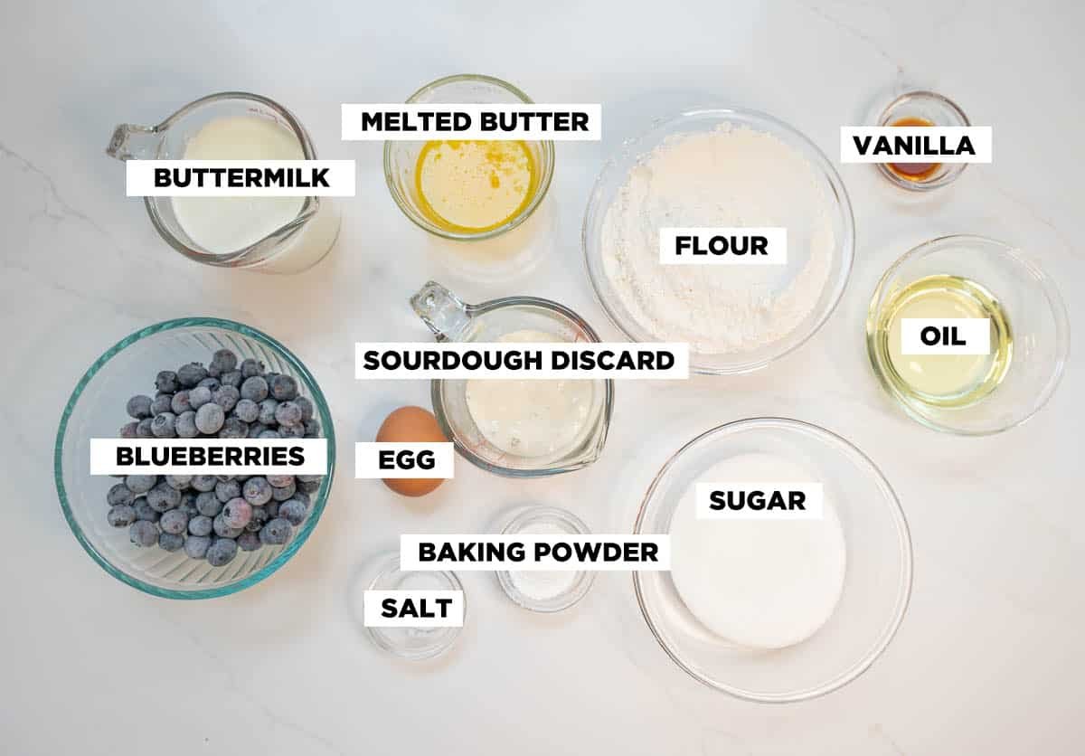 Photo of ingredients for sourdough discard blueberry muffins, featuring: buttermilk, melted butter, flour, vanilla extract, blueberries, sourdough discard, oil, egg, sugar, baking powder, and salt.  