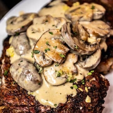 closeup of mushroom cream sauce on a steak