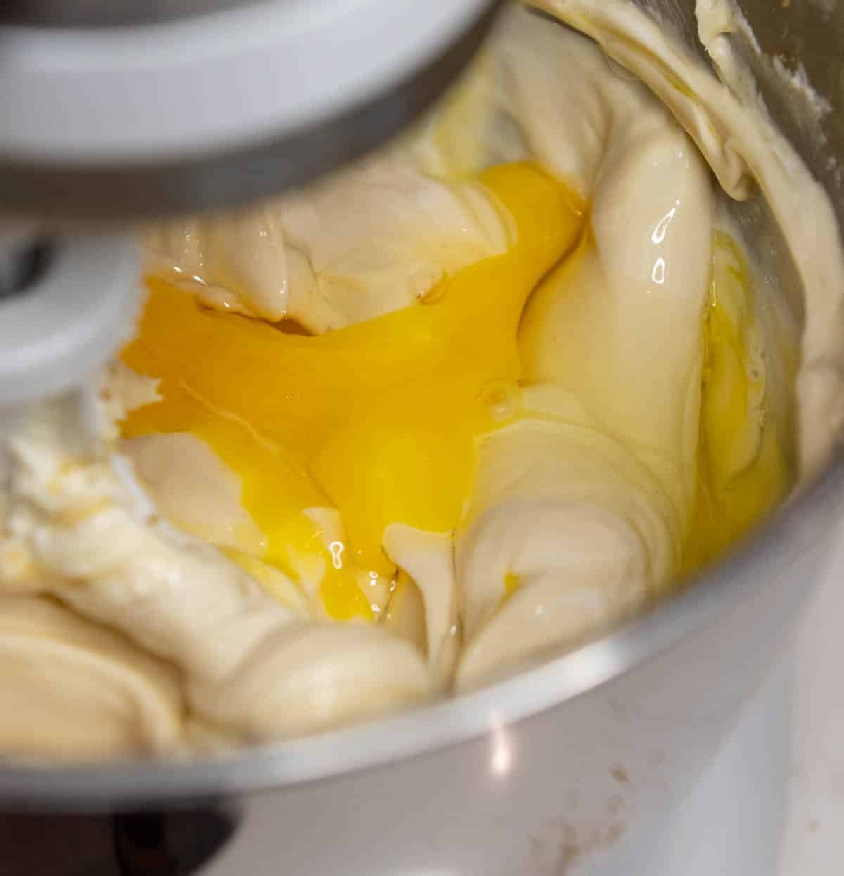 Cream cheese, sugar, eggs, sour cream, heavy cream, salt, and vanilla extract mixed together using a stand mixer. 