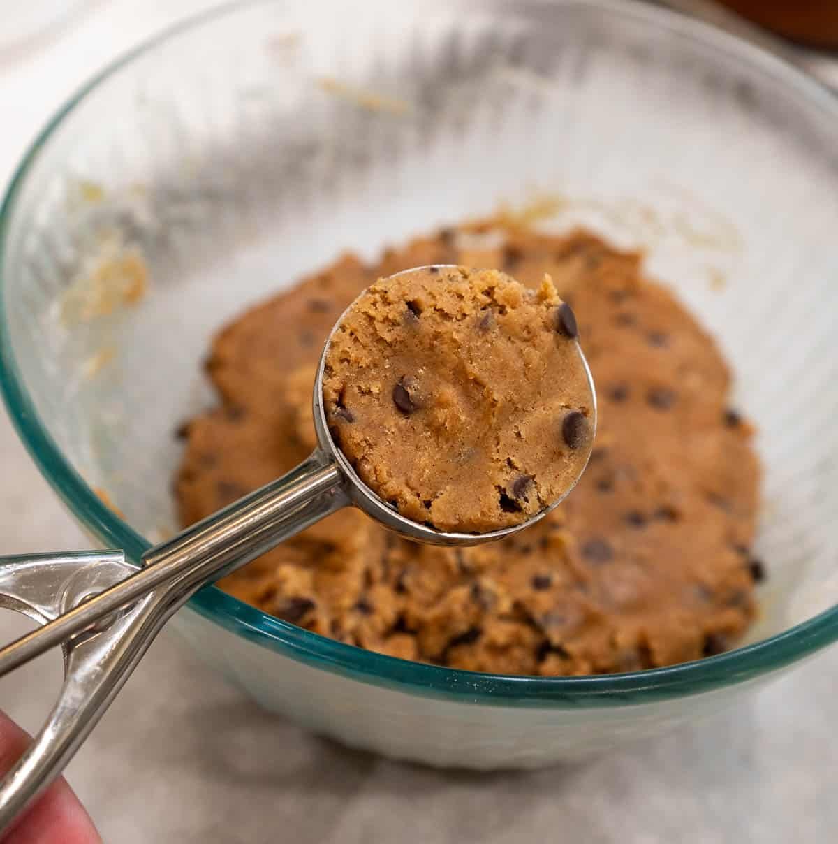 Dough is ready after being chilled, and scooped.