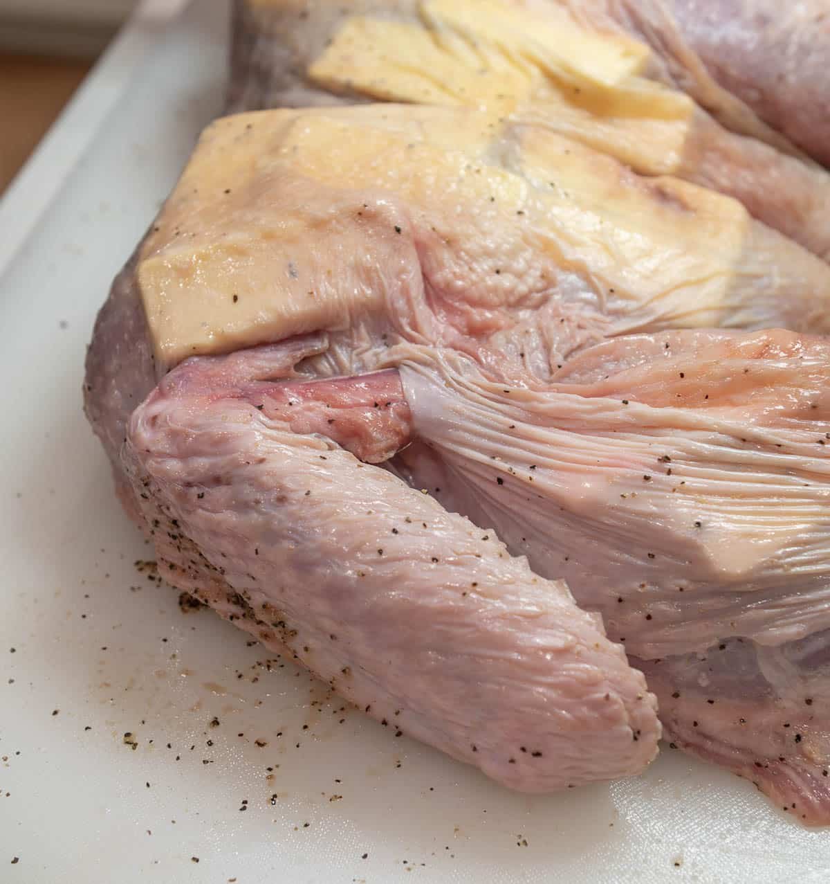 The turkey's wine is inserted into the second hole. 