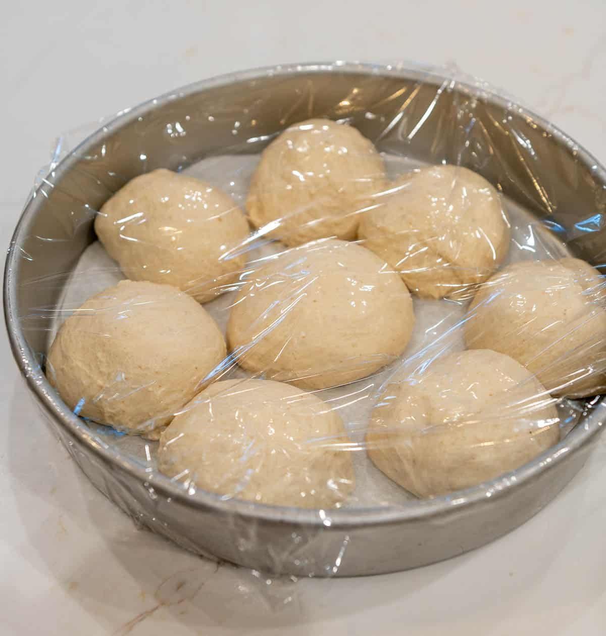 Shaped rolls covered in plastic wrap for the second rise. 