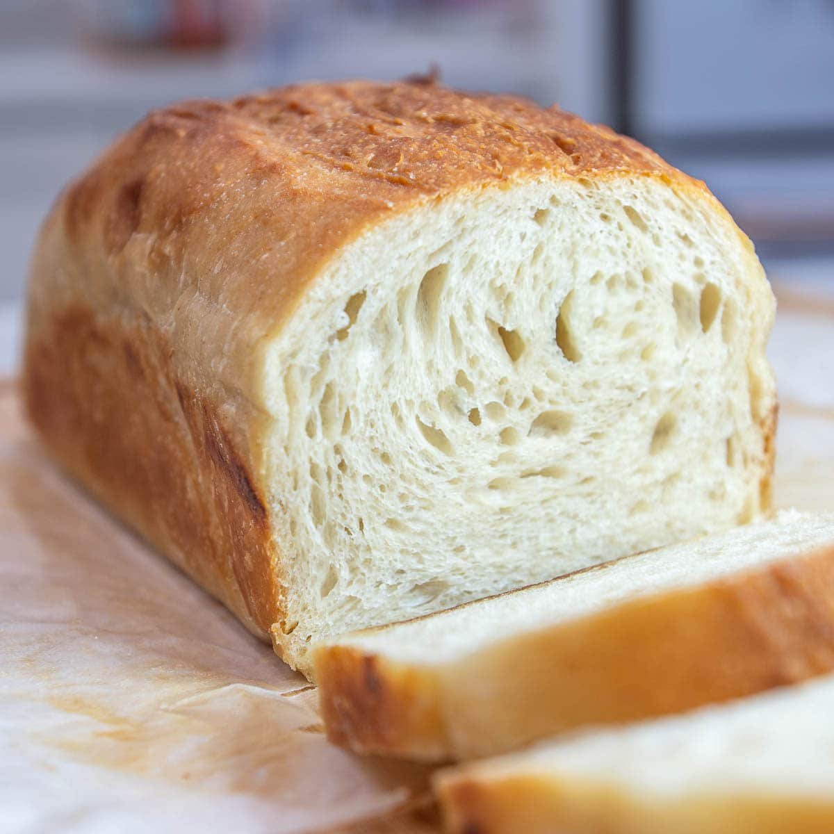 Sourdough sandwich bread cut into a few slices.