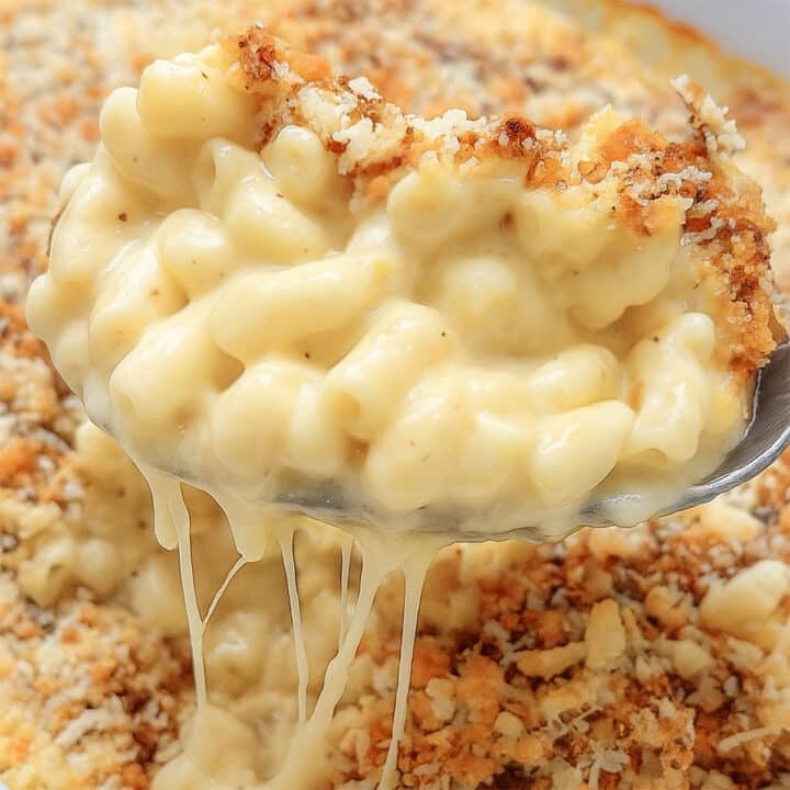 close up of creamy mac and cheese on a serving spoon
