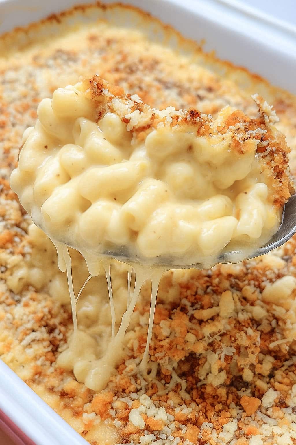 close up of a scoop of creamy baked mac and cheese with drips of cheese coming off the spoon