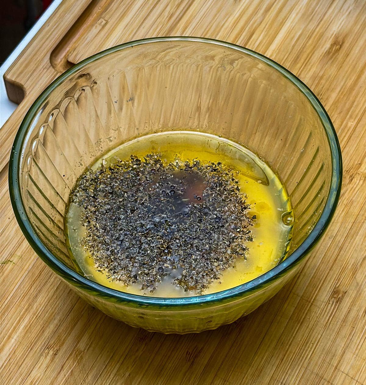 All liquid ingredients in a glass bowl.