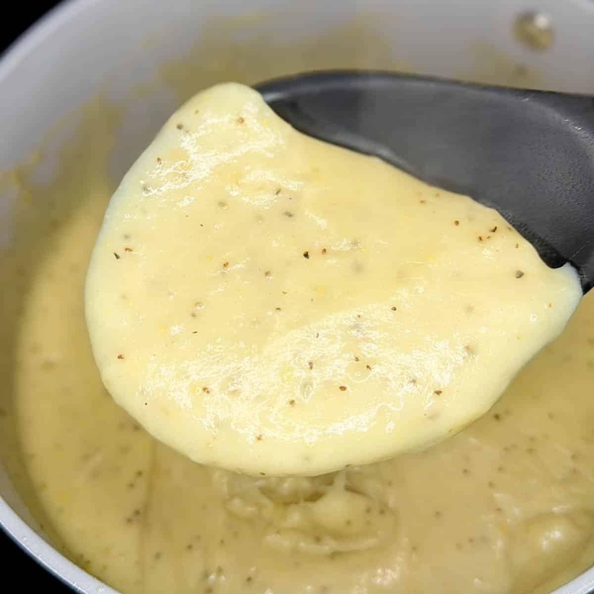 A close-up photo of homemade cream of chicken soup.
