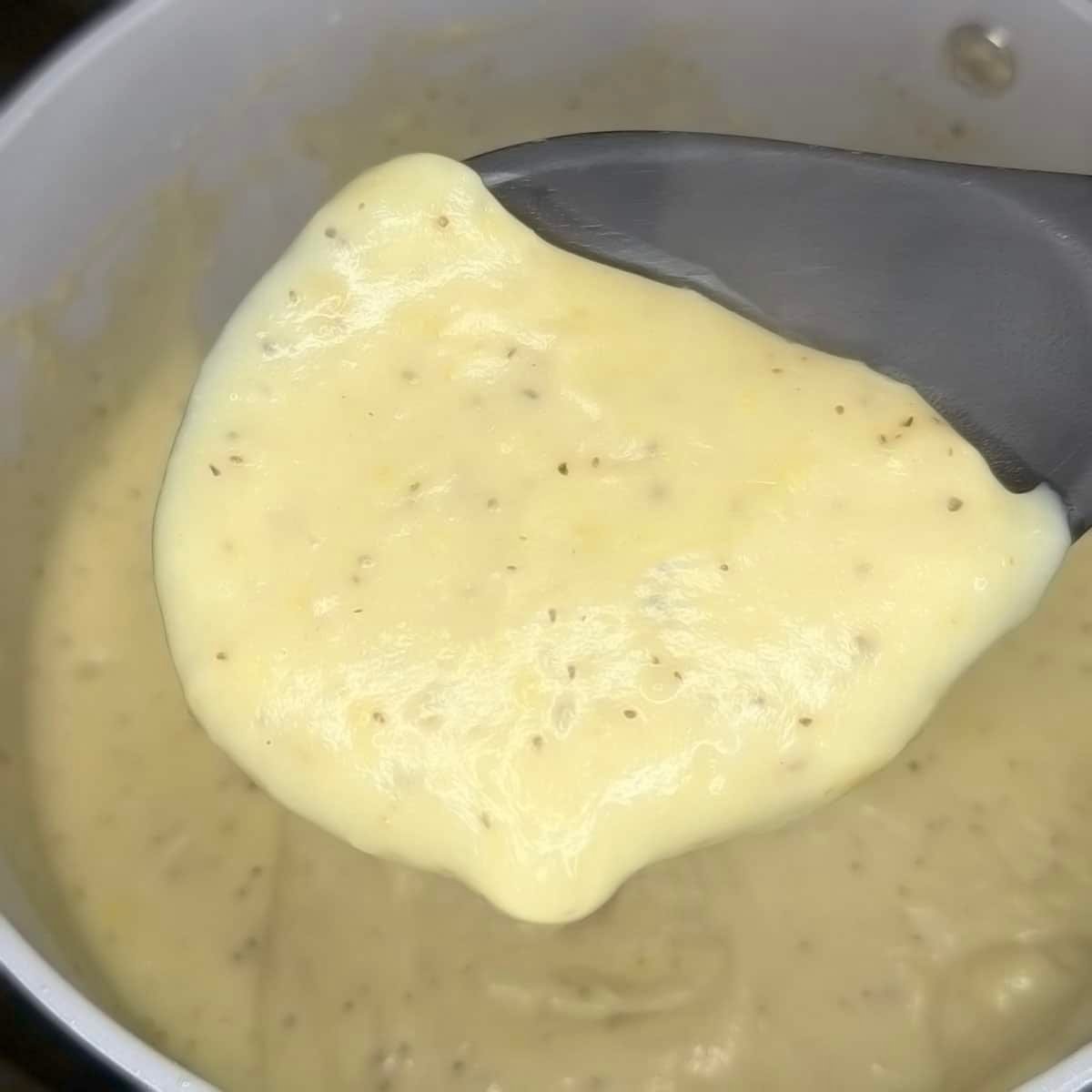A close-up photo of homemade cream of chicken soup.