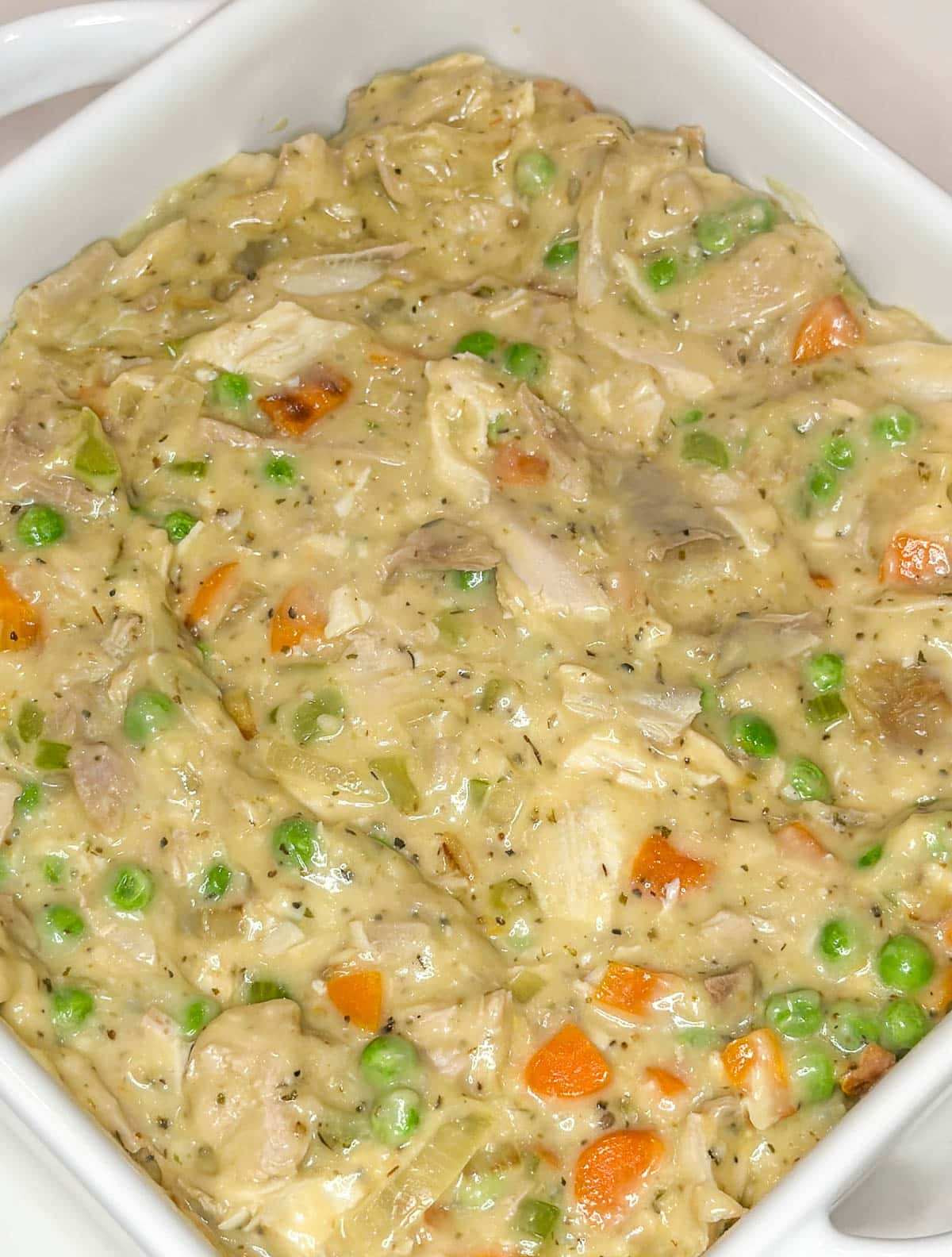 The leftover turkey casserole filling in the baking dish.