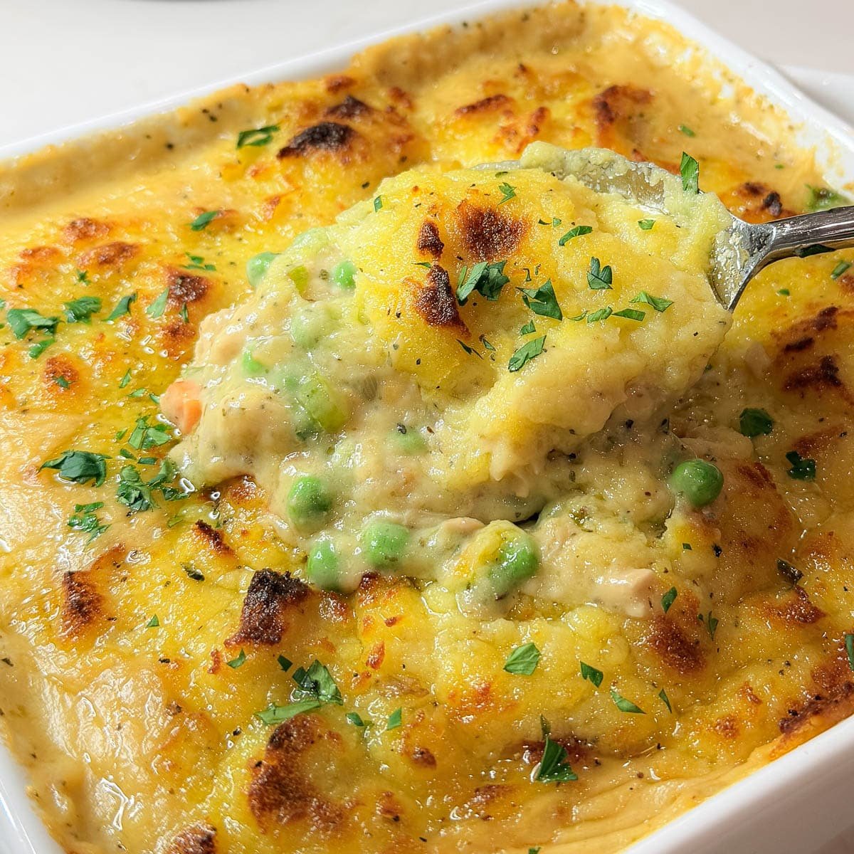 A close-up photo of Leftover Thanksgiving Casserole.