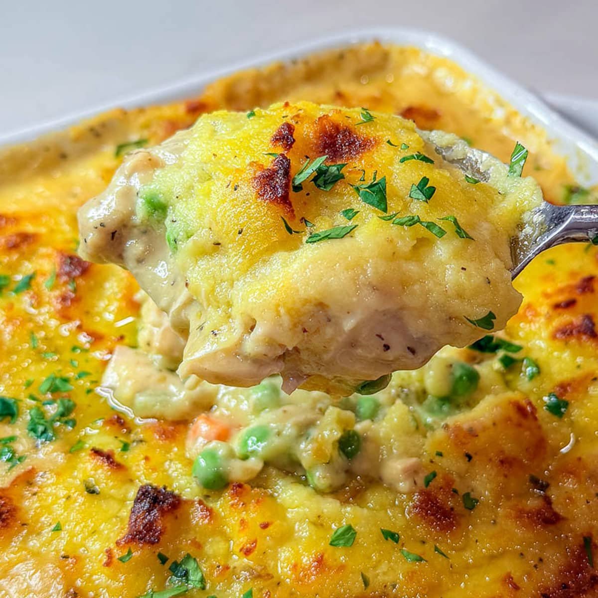 A close-up photo of Leftover Thanksgiving Casserole.